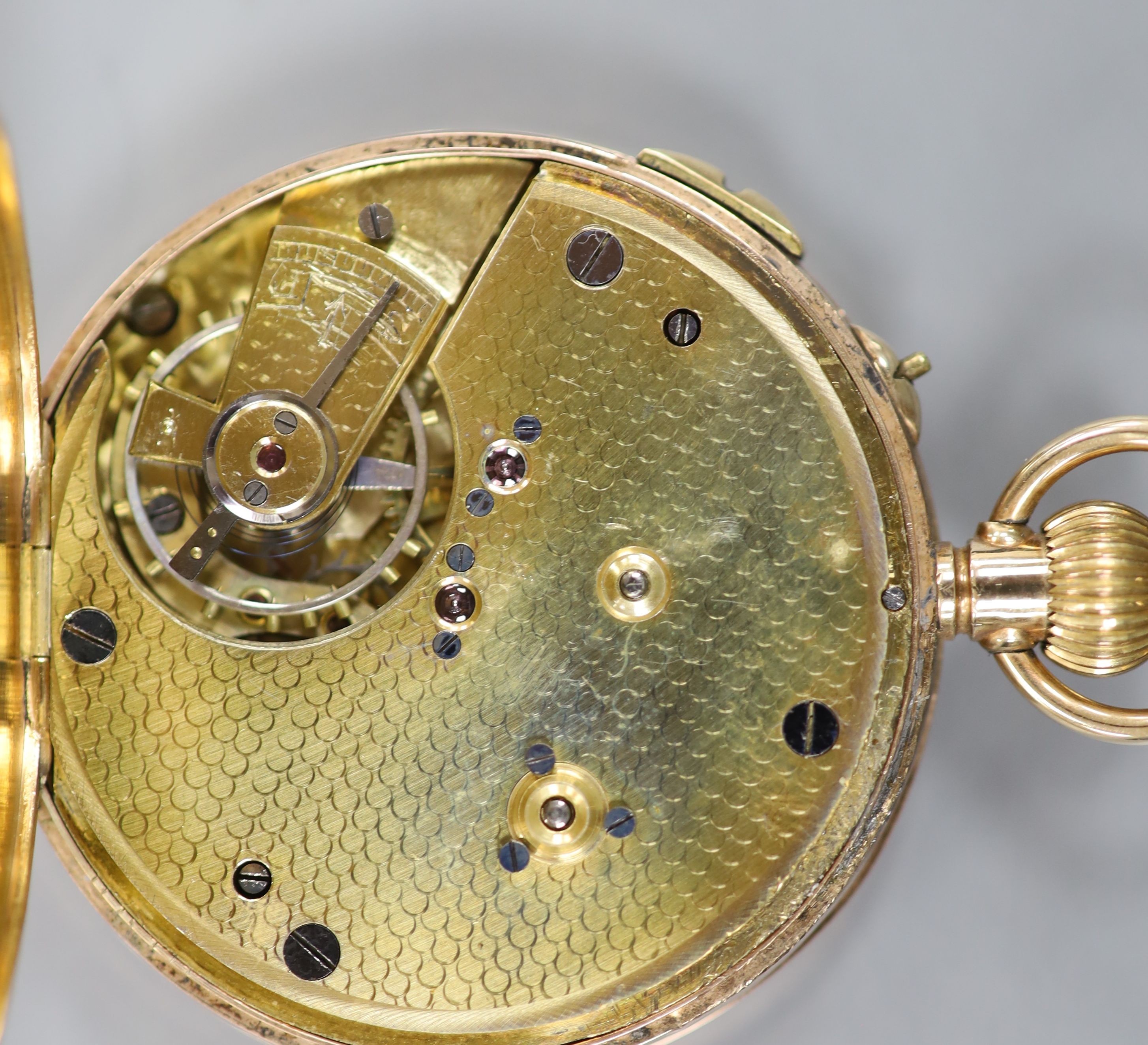 A 1920's 9ct gold open face chronograph keyless pocket watch, case diameter 47mm